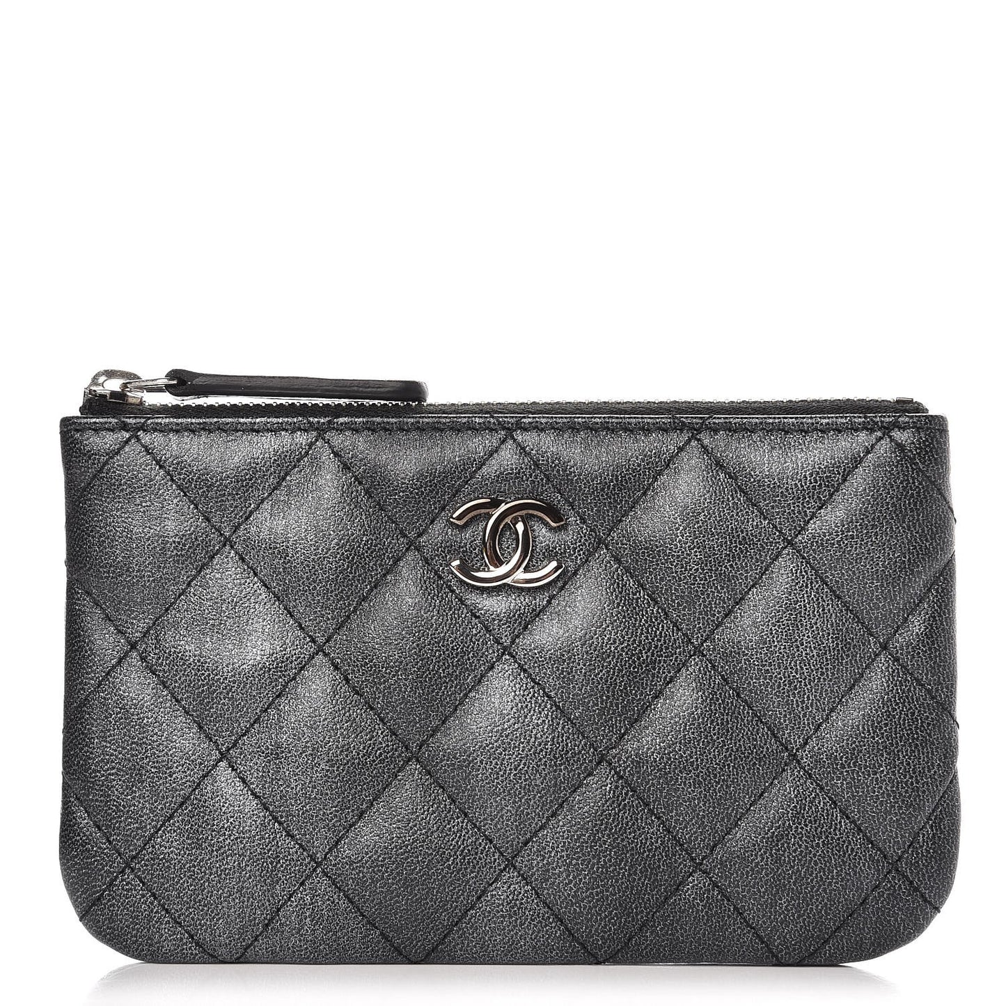 Metallic Goatskin Quilted Small Cosmetic Case Dark Grey