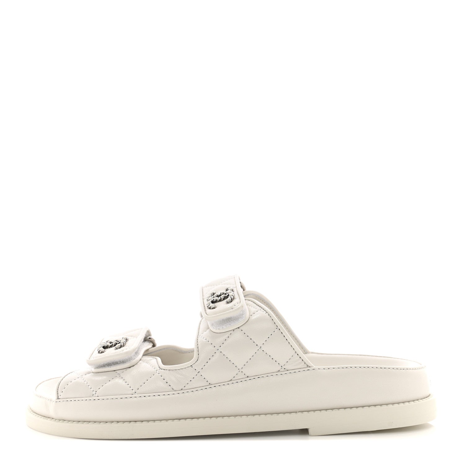 Chanel Lambskin Quilted Velcro Dad Chain CC Slide Sandals 36.5 White ...