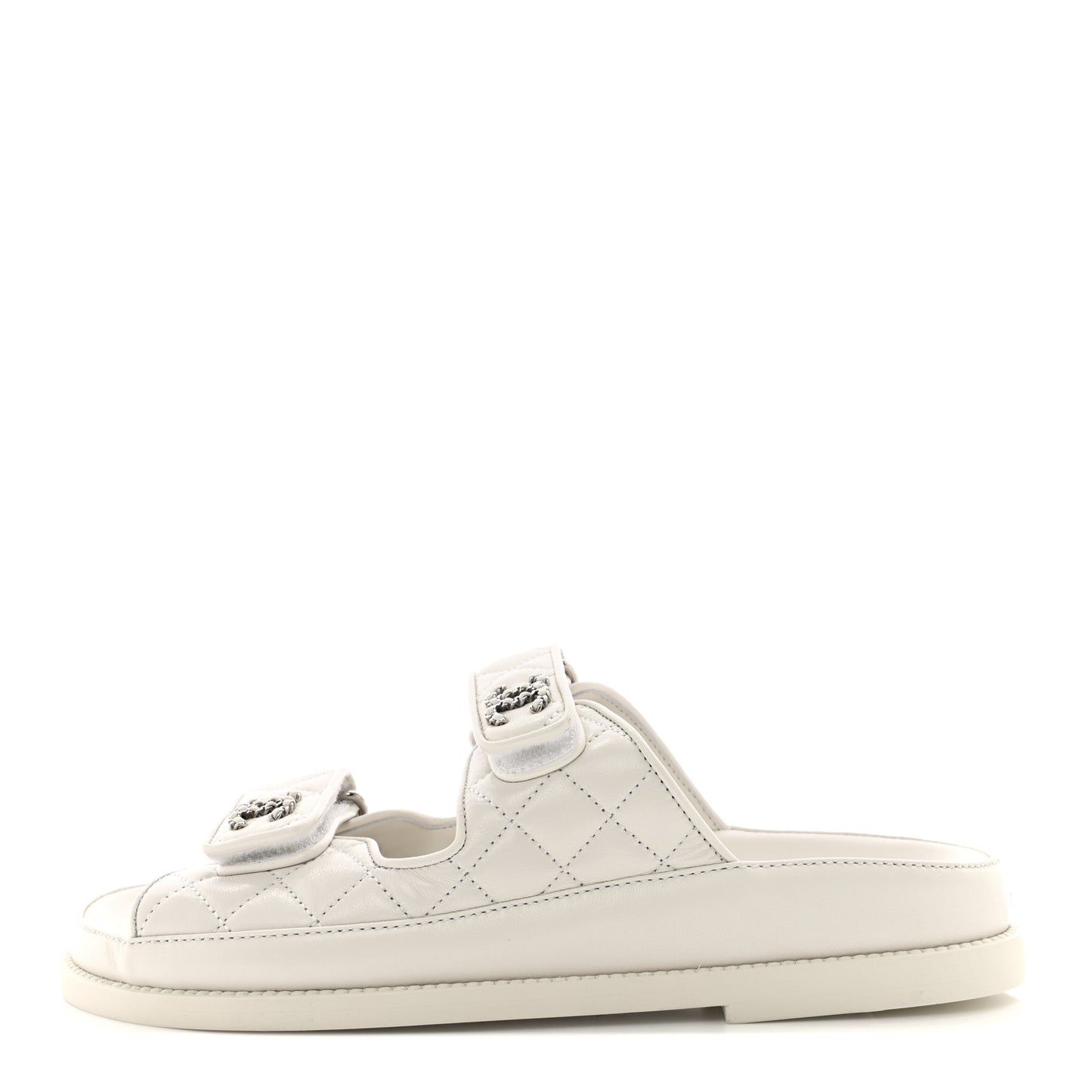 Lambskin Quilted Velcro Dad Chain CC Slide Sandals 36.5 White