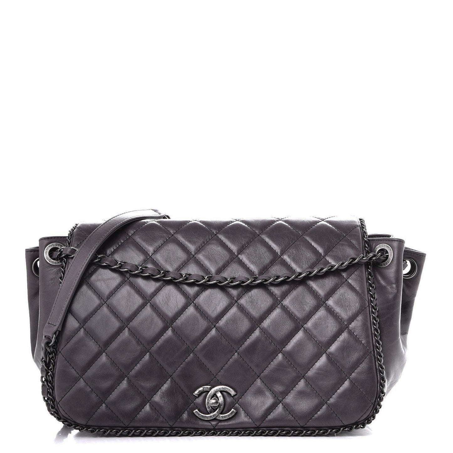 Calfskin Quilted Large CC Enchained Accordion Flap Grey