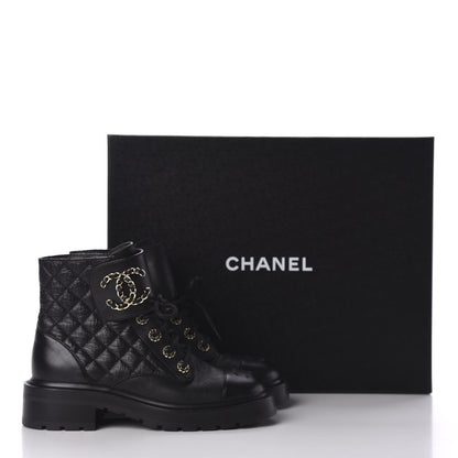 Chanel Shiny Goatskin Calfskin Quilted Lace Up Combat Boots 36 Black 8 of 8