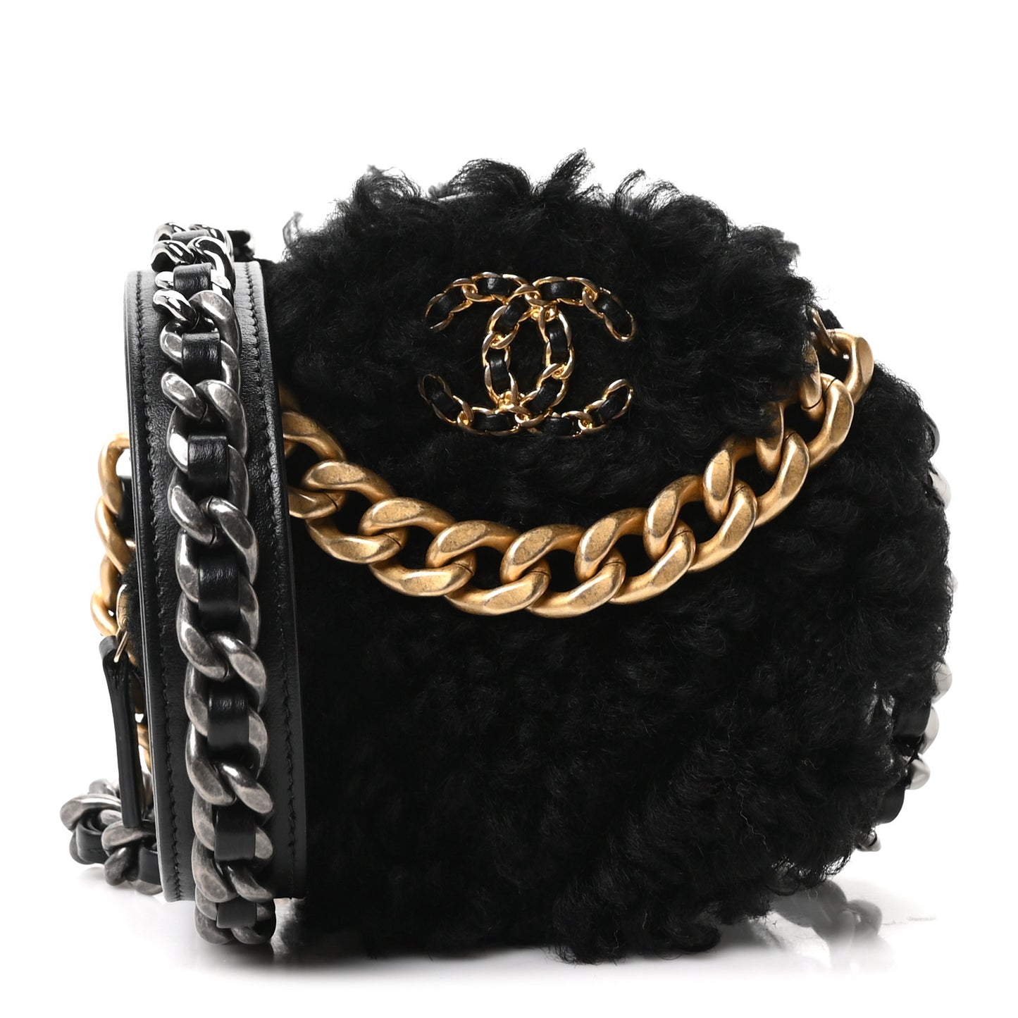 Shearling Sheepskin Chanel 19 Round Clutch With Chain Black