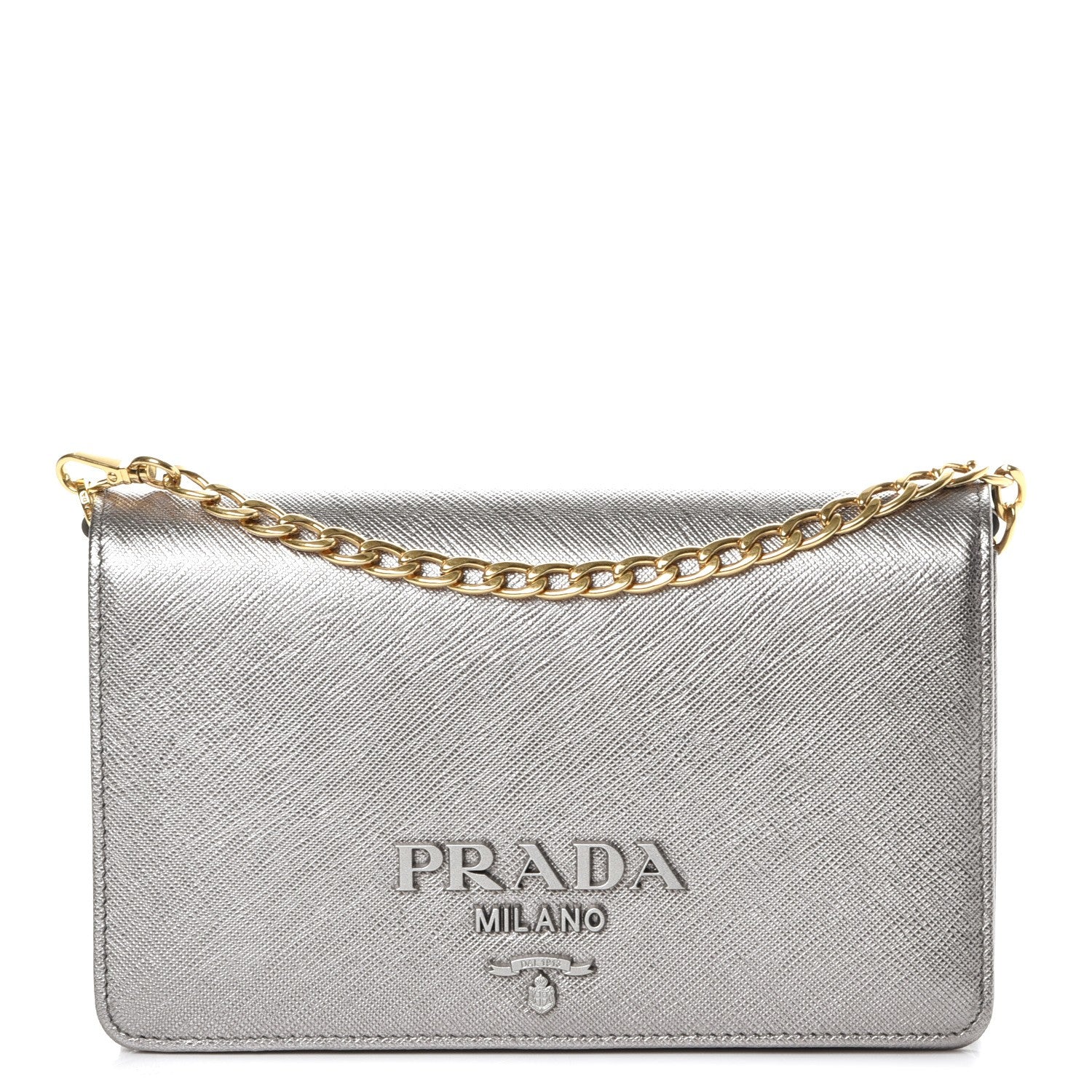 Prada Metallic Saffiano Lux Chain Wallet Cromo 1 of 6