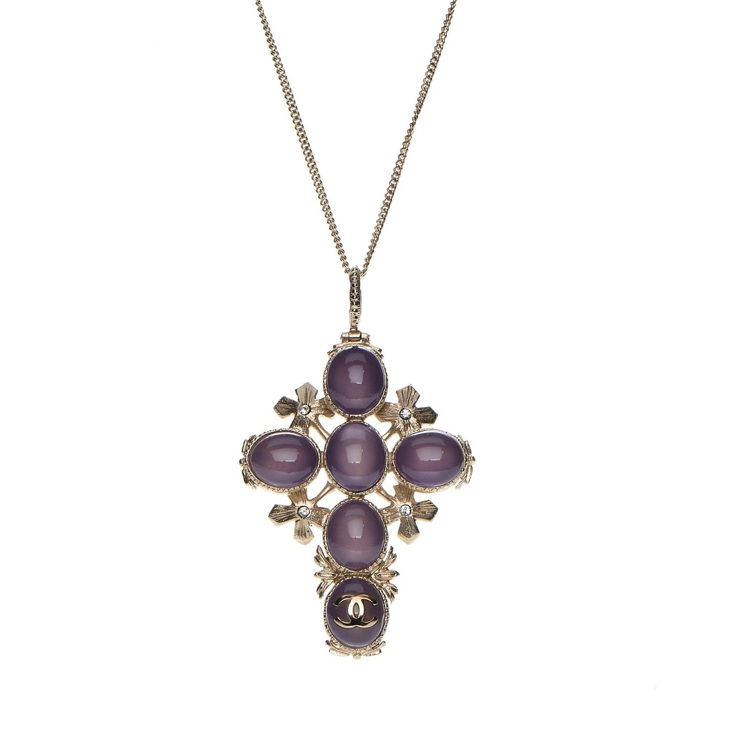 Gripoix Poured Glass Crystal CC Cross Necklace Gold