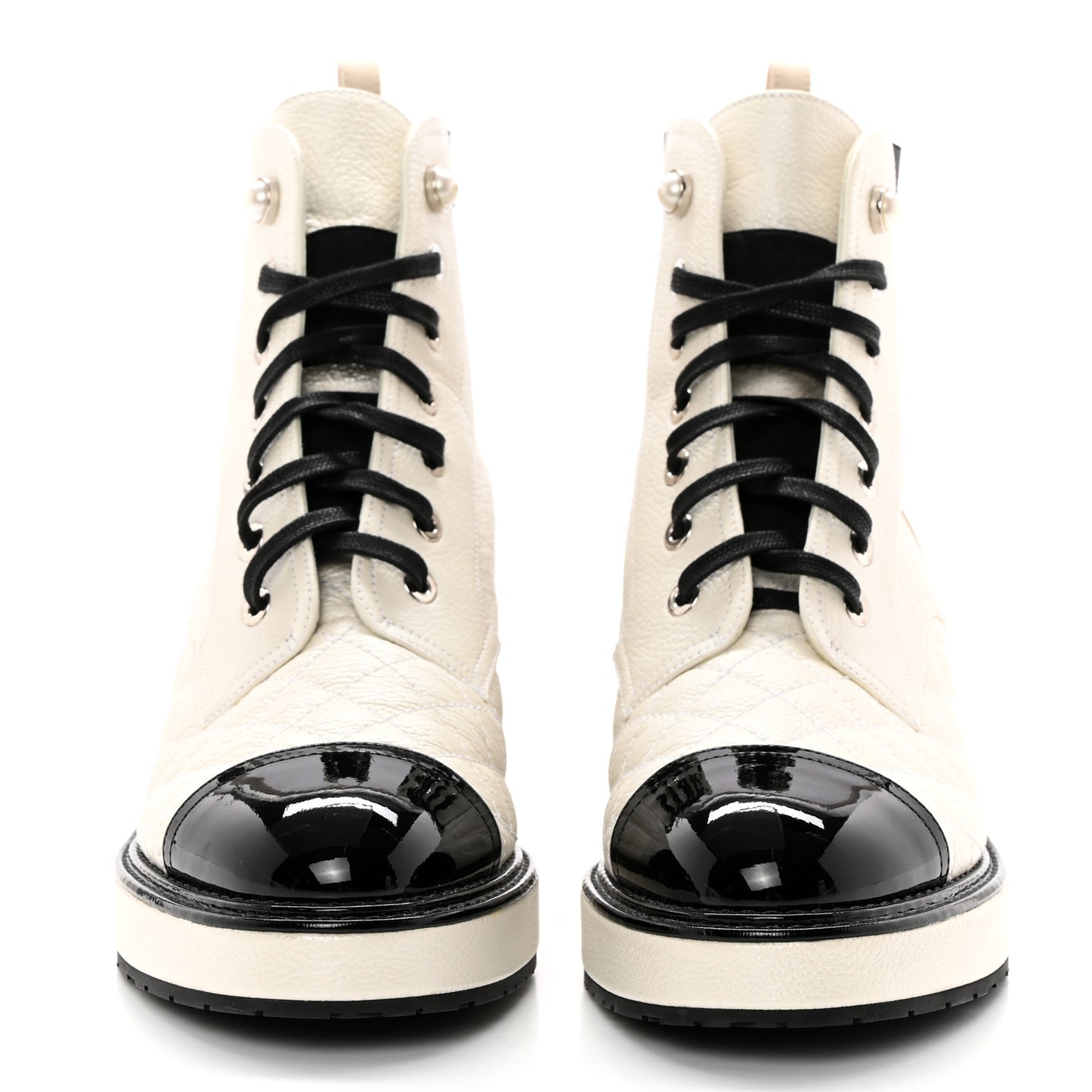 Pearly Calfskin Patent Calfskin Quilted Lace Up Boots 38 White Light Gray Black