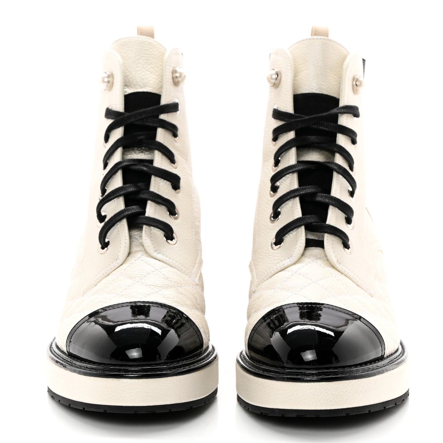 Chanel Pearly Calfskin Patent Calfskin Quilted Lace Up Boots 38 White Light Gray Black 2 of 17