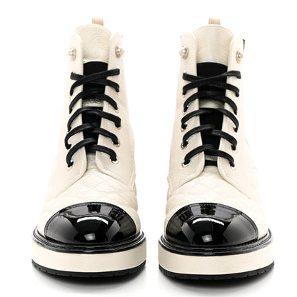 Chanel Pearly Calfskin Patent Calfskin Quilted Lace Up Boots 38 White Light Gray Black 2 of 17