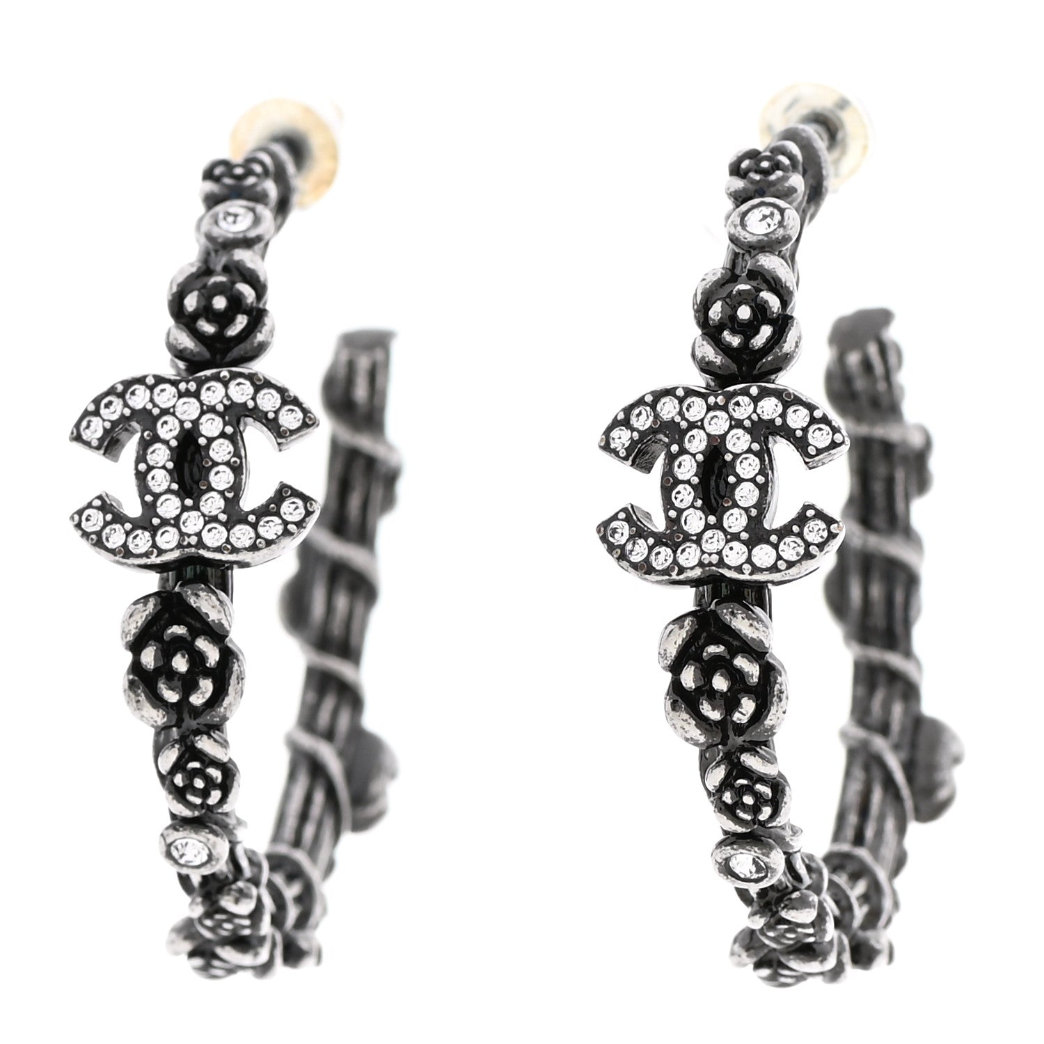 Chanel Crystal Camellia CC Hoop Earrings Ruthenium 1 of 5