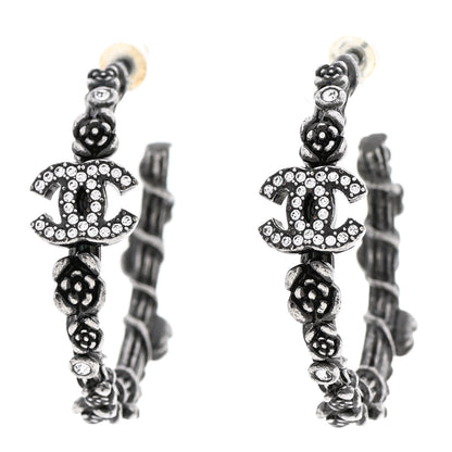 Chanel Crystal Camellia CC Hoop Earrings Ruthenium 1 of 5