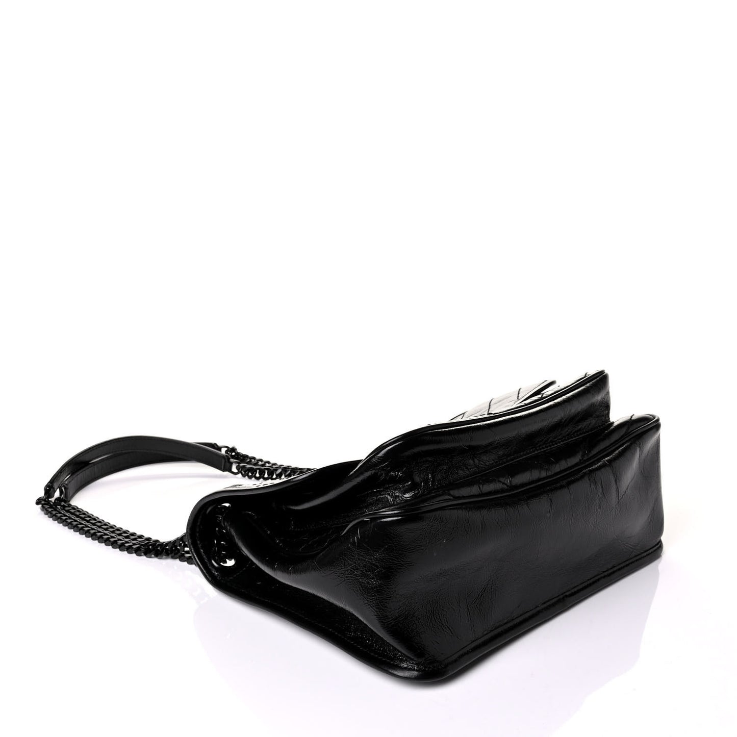 Crinkled Calfskin Matelasse Monogram Medium Niki Chain Satchel Black
