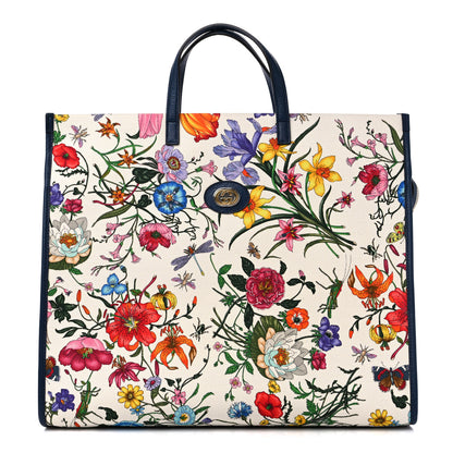 Gucci Canvas Large Flora Tote Navy Multicolor 1 of 12