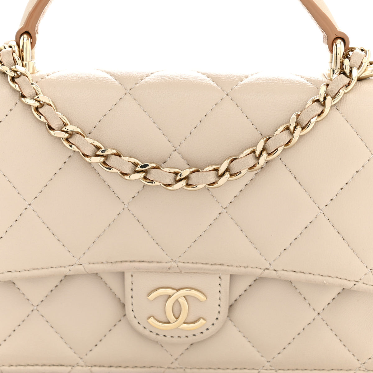 Lambskin Quilted Flap Phone Holder With Chain Ecru Dark Beige