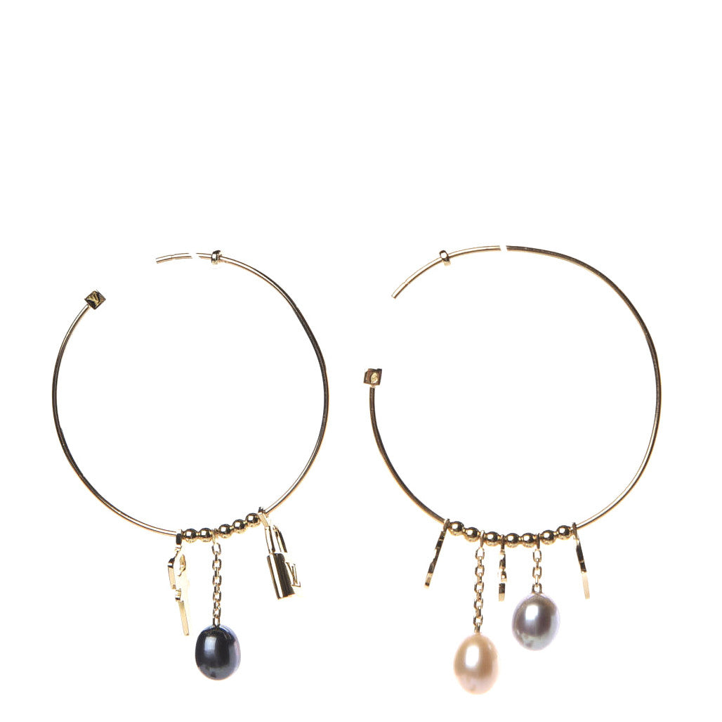 18K Yellow Gold Pearl Monogram Hoop Earrings