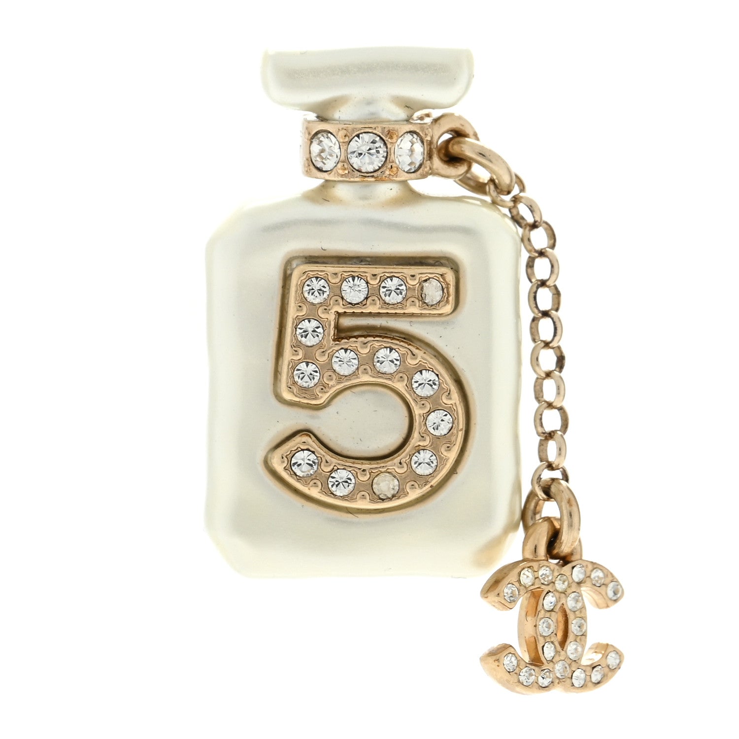 Chanel Pearl Resin Crystal CC No 5 Perfume Bottle Brooch Gold Pearly 1 of 3