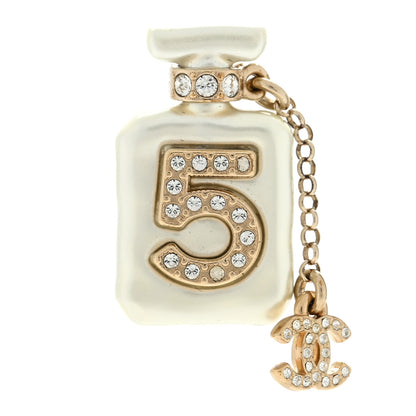 Chanel Pearl Resin Crystal CC No 5 Perfume Bottle Brooch Gold Pearly 1 of 3
