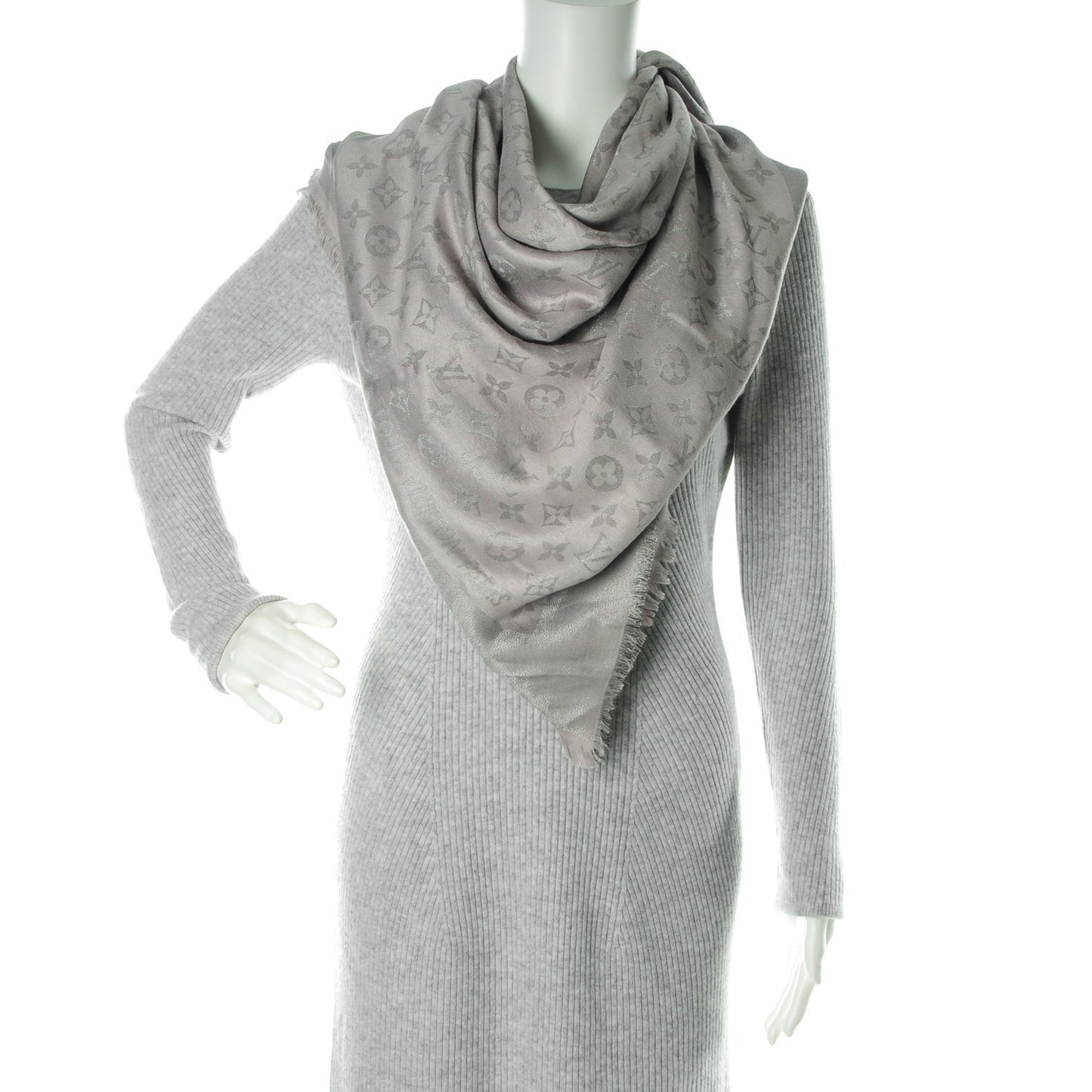 Silk Lurex Wool Monogram Shine Shawl Pearl Grey