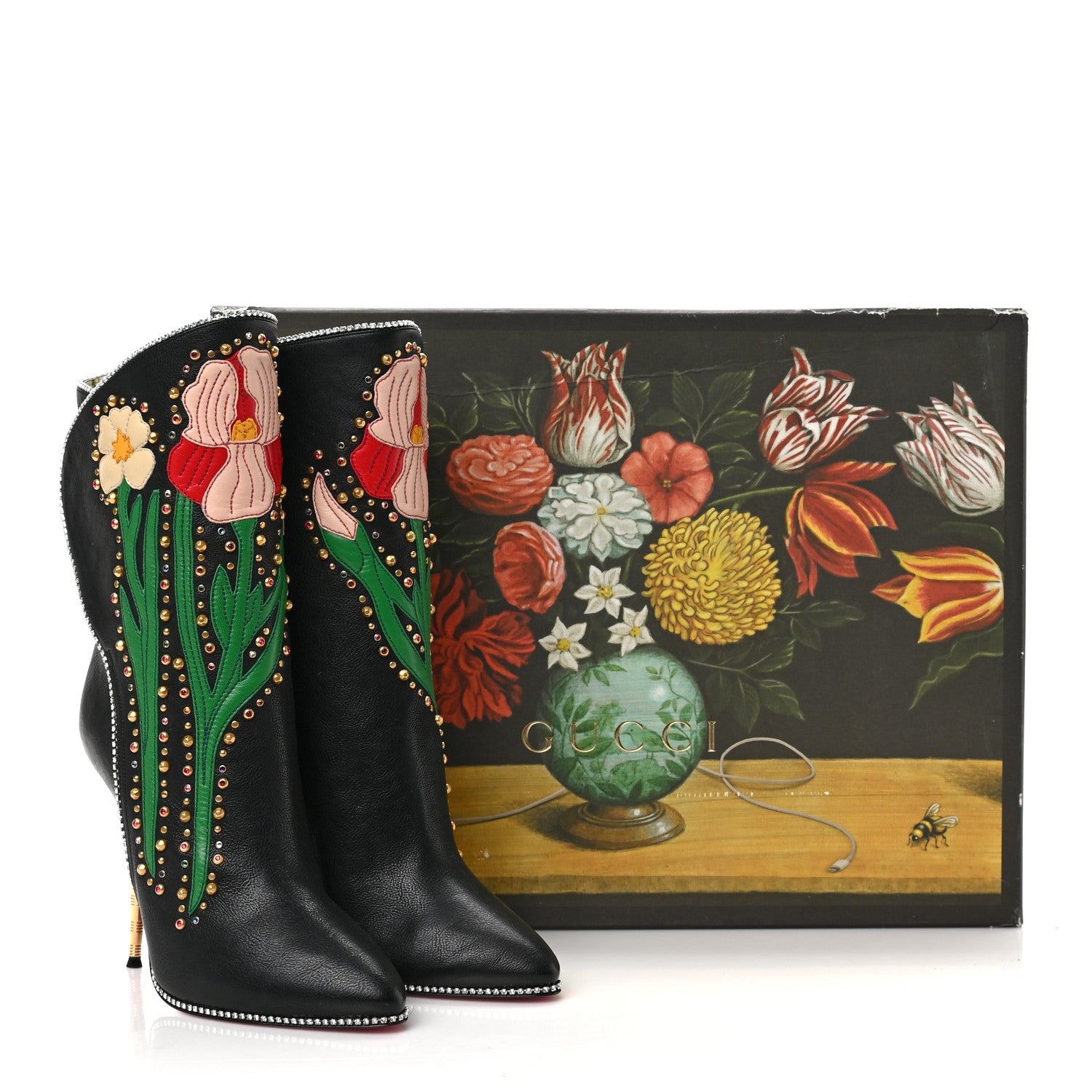Gucci Calfskin Floral Crystal Embroidered Fosca Boots 38 Black 9 of 9