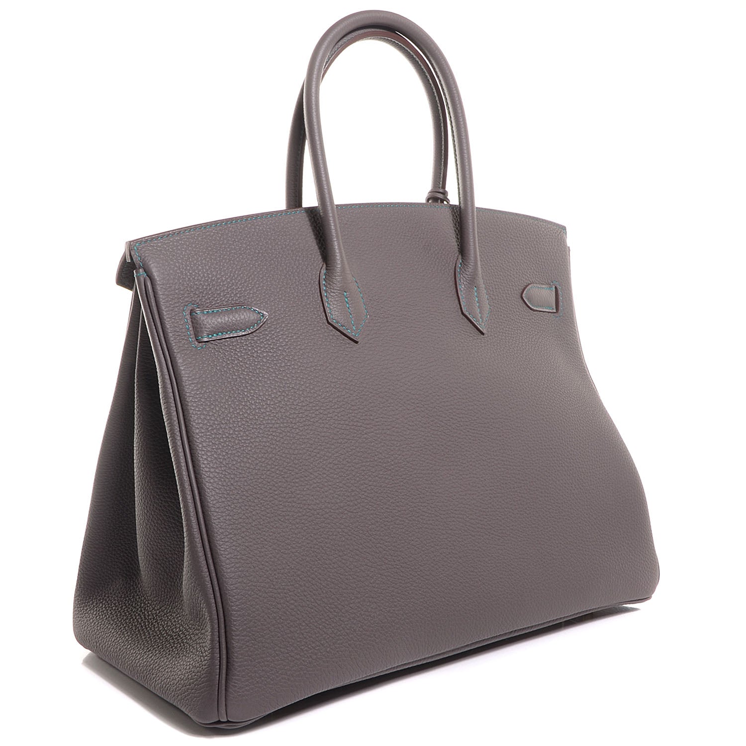 Hermes Togo Horseshoe Birkin 35 Etain Bleu Paon 3 of 26