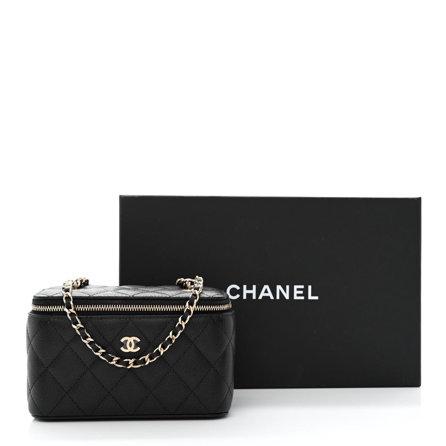 Caviar Quilted Small Vanity Case With Chain Black