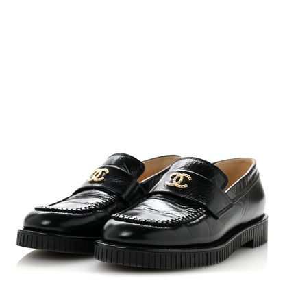 Chanel Shiny Crumpled Calfskin CC Mocassin Loafers 38 Black 4 of 10