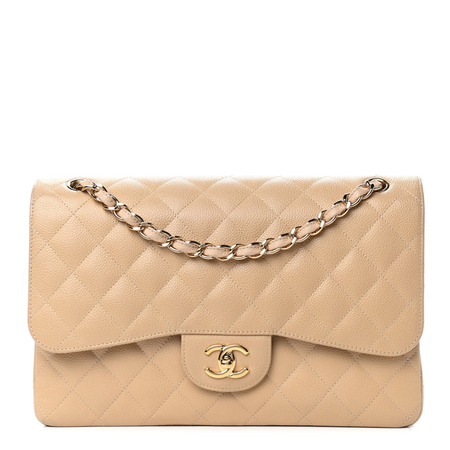 Caviar Quilted Jumbo Double Flap Beige Clair