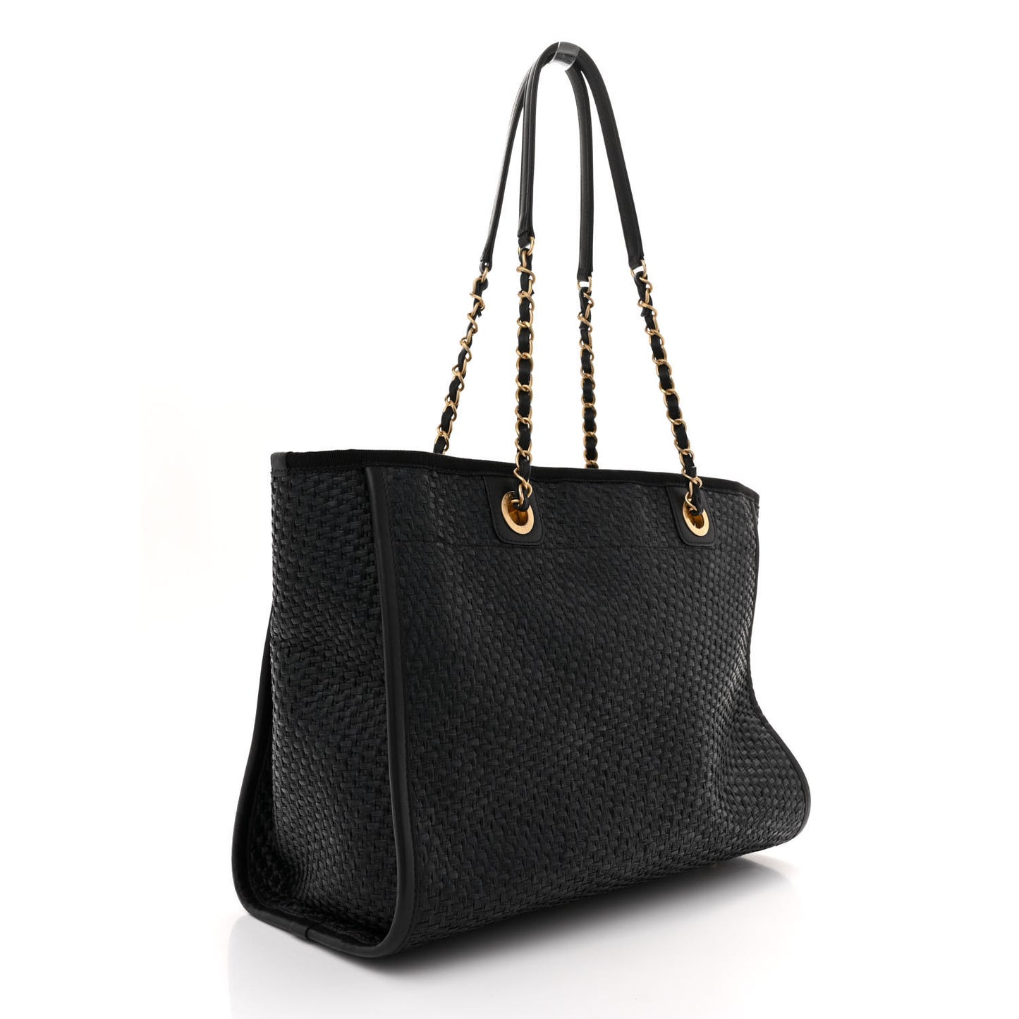 Straw Raffia Calfskin Chain Small Deauville Tote Black