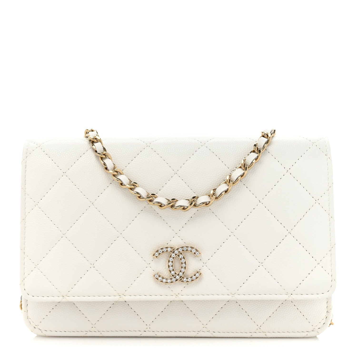 Chanel Shiny Caviar Quilted Strass Wallet On Chain WOC White 1 of 12