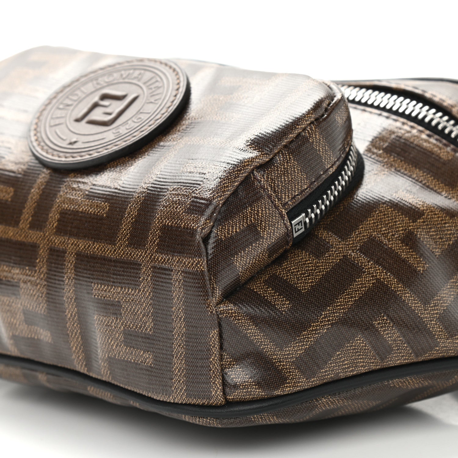 Fendi Glazed Fabric Vitello Century FF 1974 Stamp Patch Mens Pocket Belt Bag Mogano Panna Black 9 of 9
