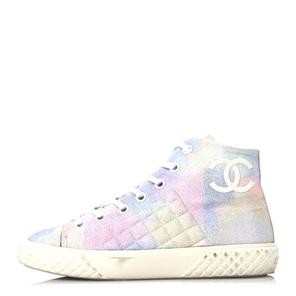 Chanel Printed Fabric Quilted High Top Sneakers 38 Green Pink Blue White 1 of 8