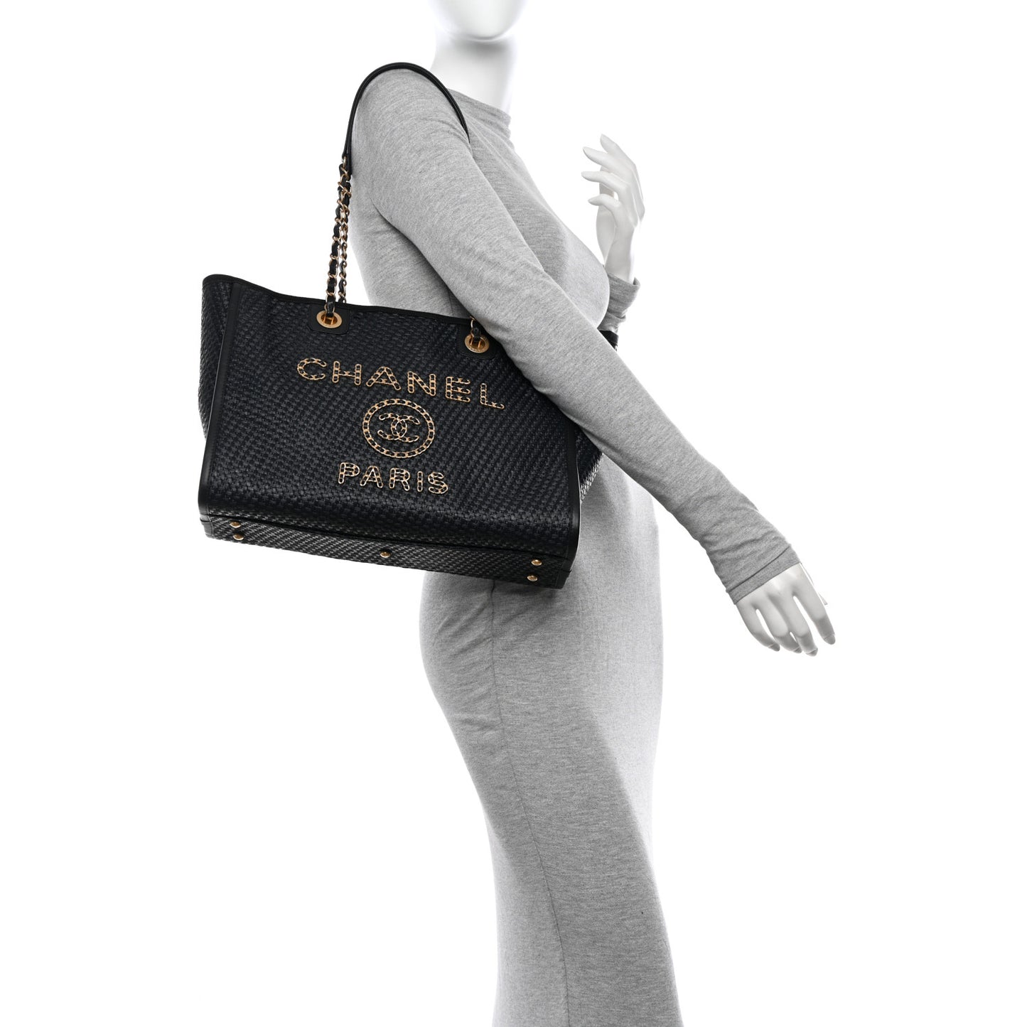Straw Raffia Calfskin Chain Small Deauville Tote Black
