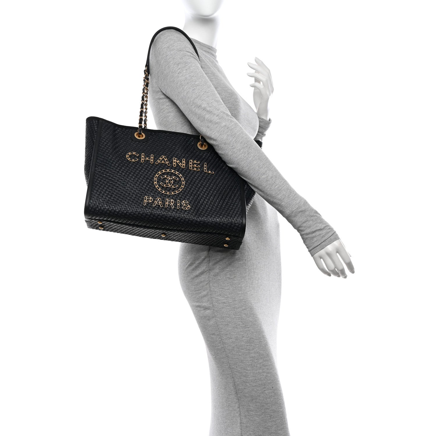 Chanel Straw Raffia Calfskin Chain Small Deauville Tote Black 2 of 13