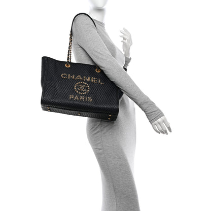 Chanel Straw Raffia Calfskin Chain Small Deauville Tote Black 2 of 13