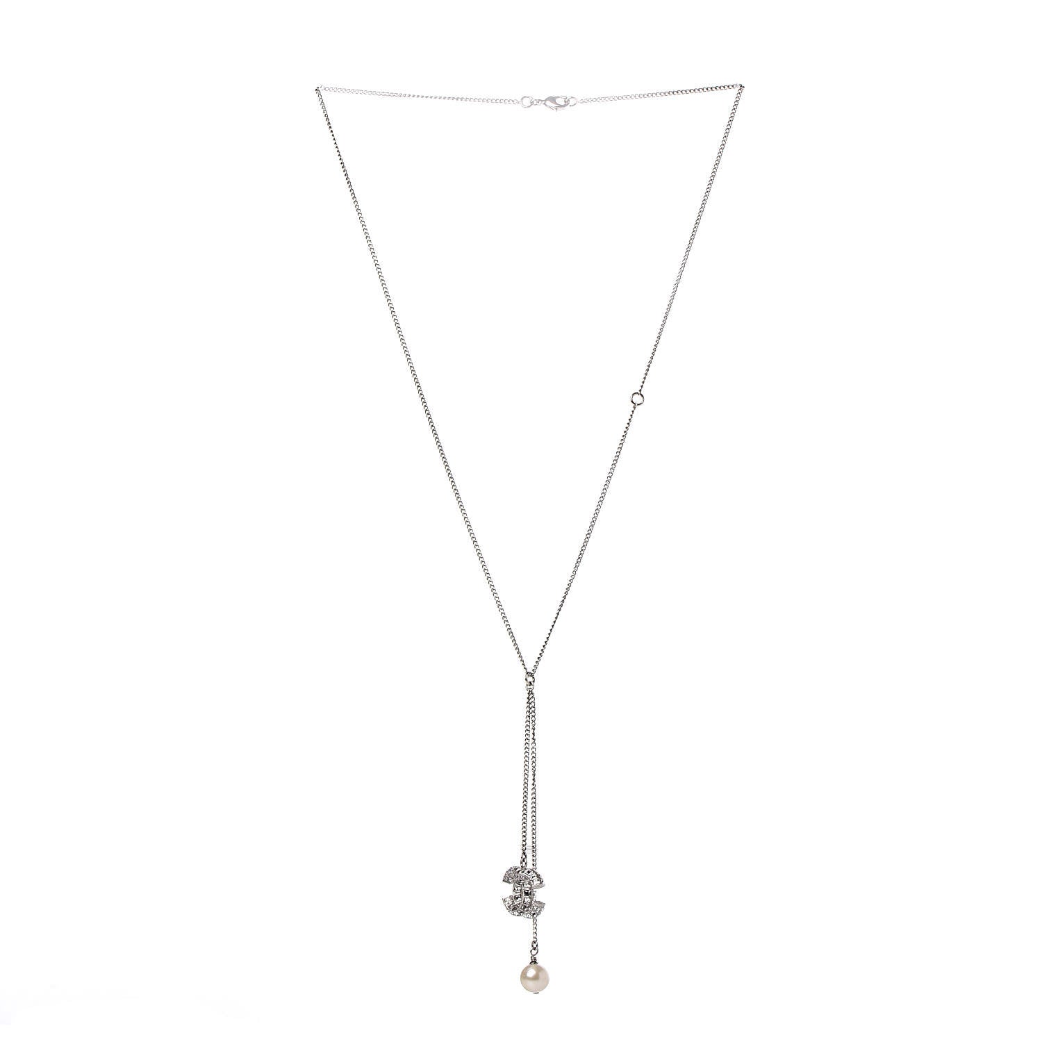 Chanel Baguette Crystal Pearl CC Lariat Necklace Silver 3 of 8