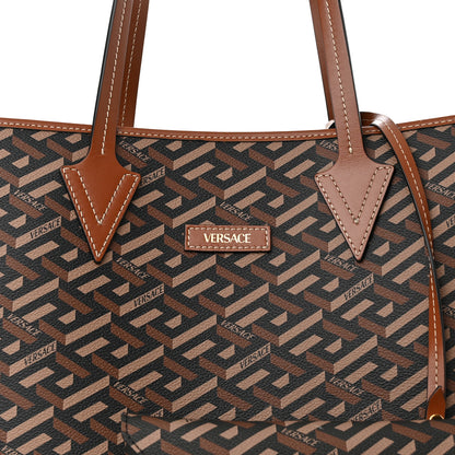 Versace Coated Canvas Calfskin La Greca Signature Shopper Tote Bag Black Caramel 7 of 9
