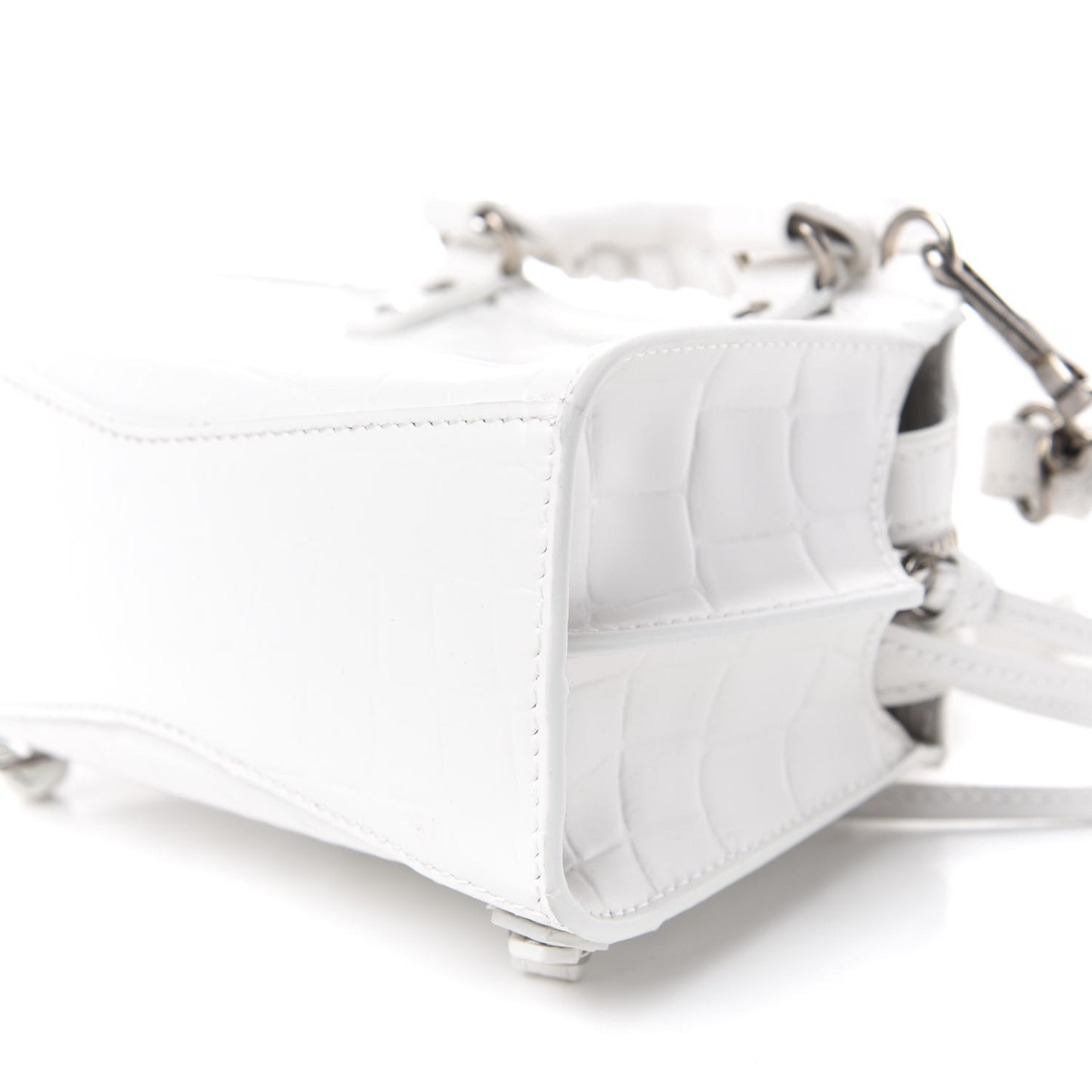 Semi Shiny Calfskin Crocodile Embossed Neo Classic Silver Hardware Nano City Crossbody White