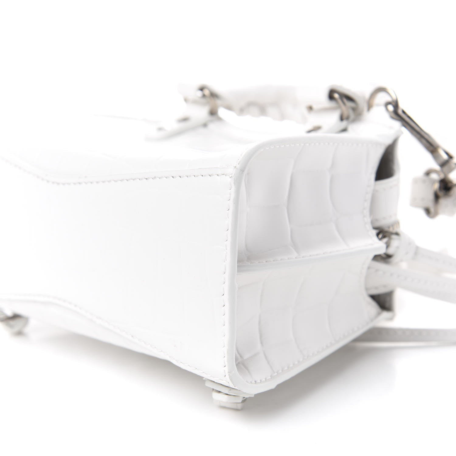 Balenciaga Semi Shiny Calfskin Crocodile Embossed Neo Classic Silver Hardware Nano City Crossbody White 8 of 9