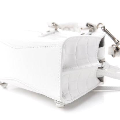 Balenciaga Semi Shiny Calfskin Crocodile Embossed Neo Classic Silver Hardware Nano City Crossbody White 8 of 9