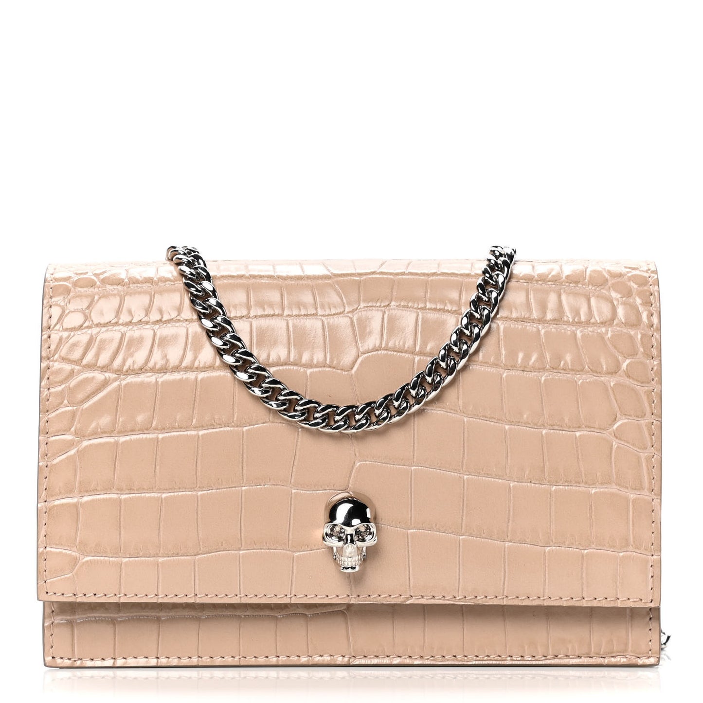 Calfskin Crocodile Embossed Skull Mini Crossbody Bag Beige