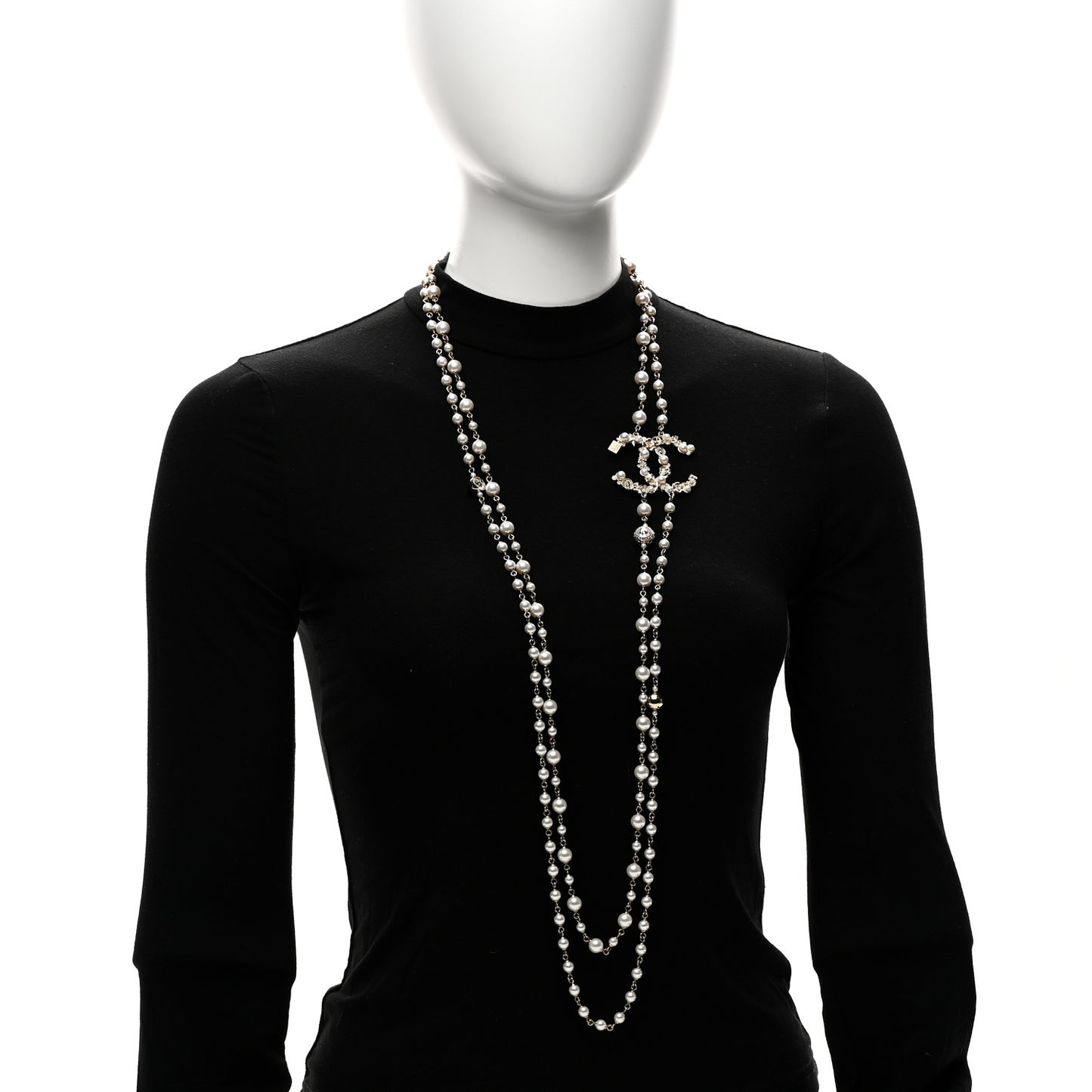 Crystal Pearl CC Charms Long Necklace Light Gold