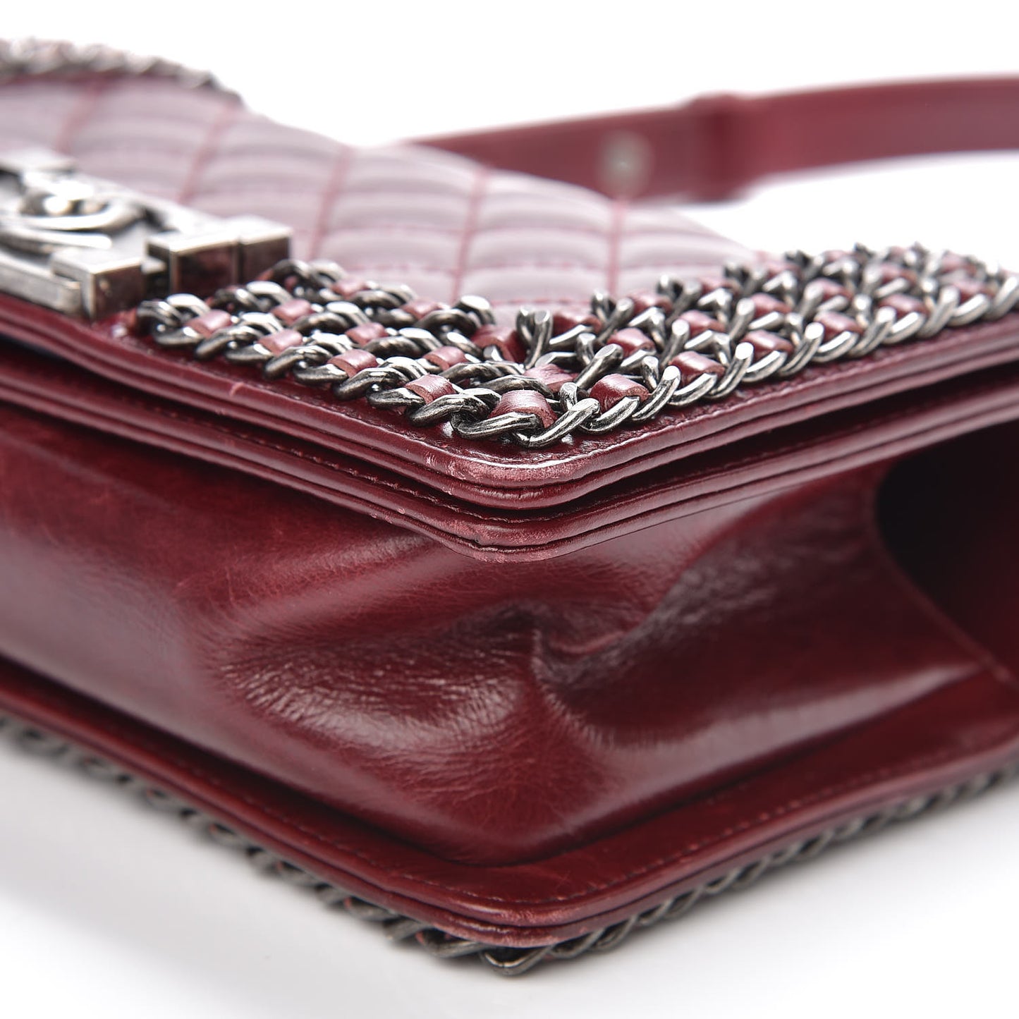 Glazed Calfskin Quilted Small Boy Chained Flap Burgundy