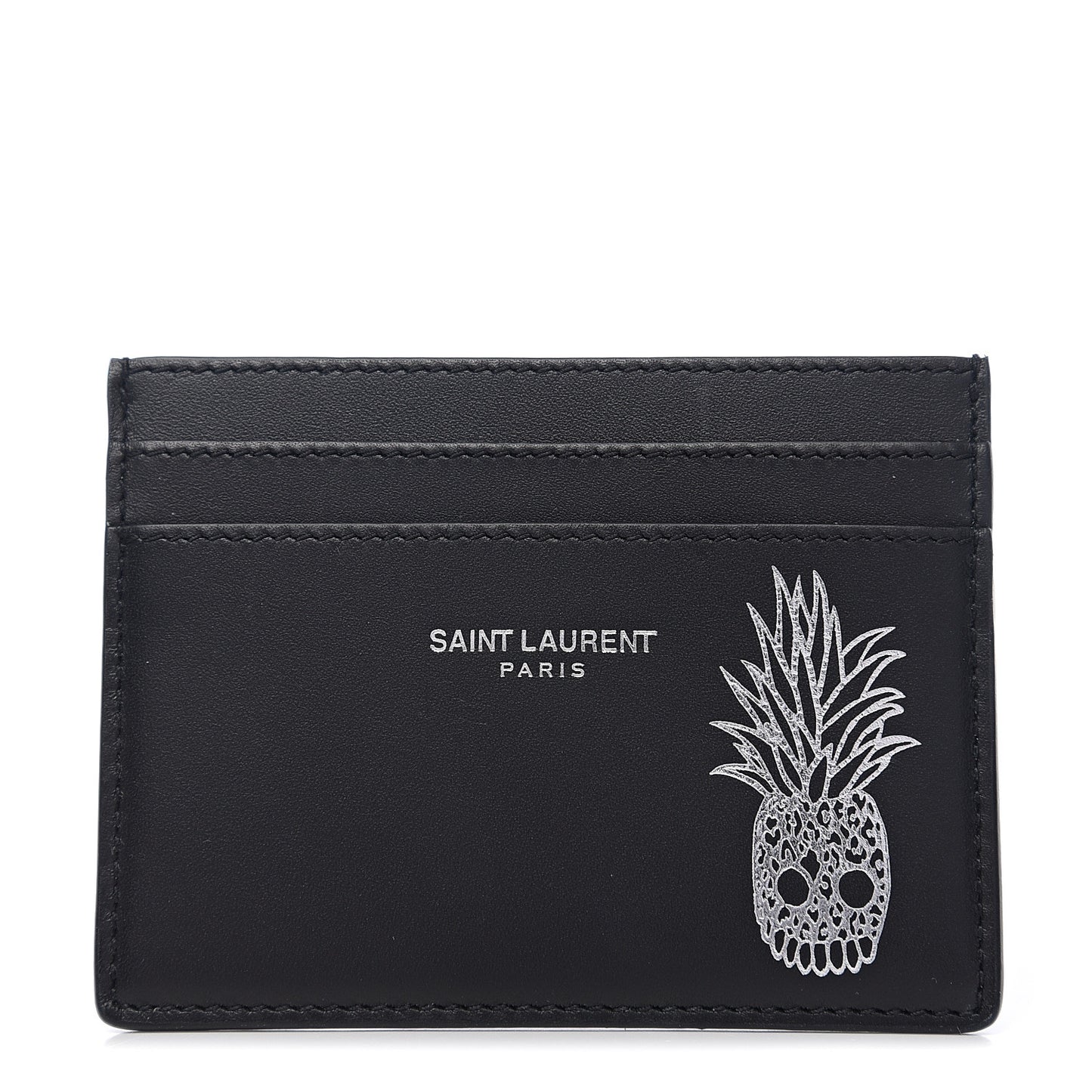 Calfskin Pineapple Skull Print Card Case Black