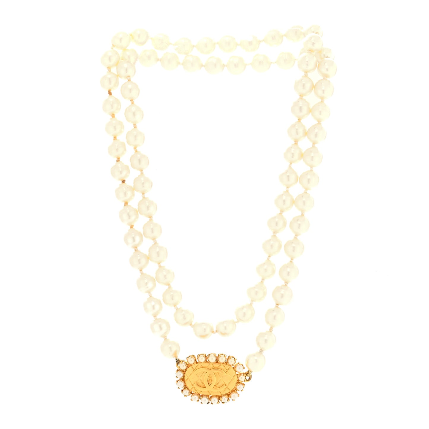 Metal Pearl CC Chain Choker Necklace Gold White
