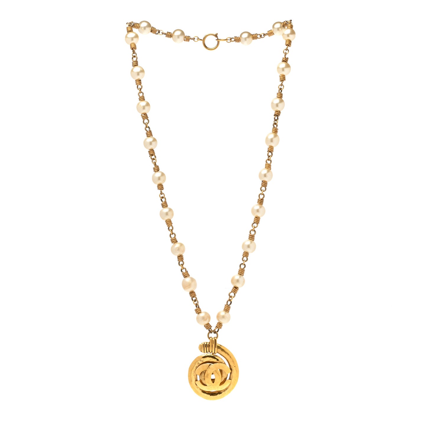 Pearl Chain CC Pendant Necklace Gold
