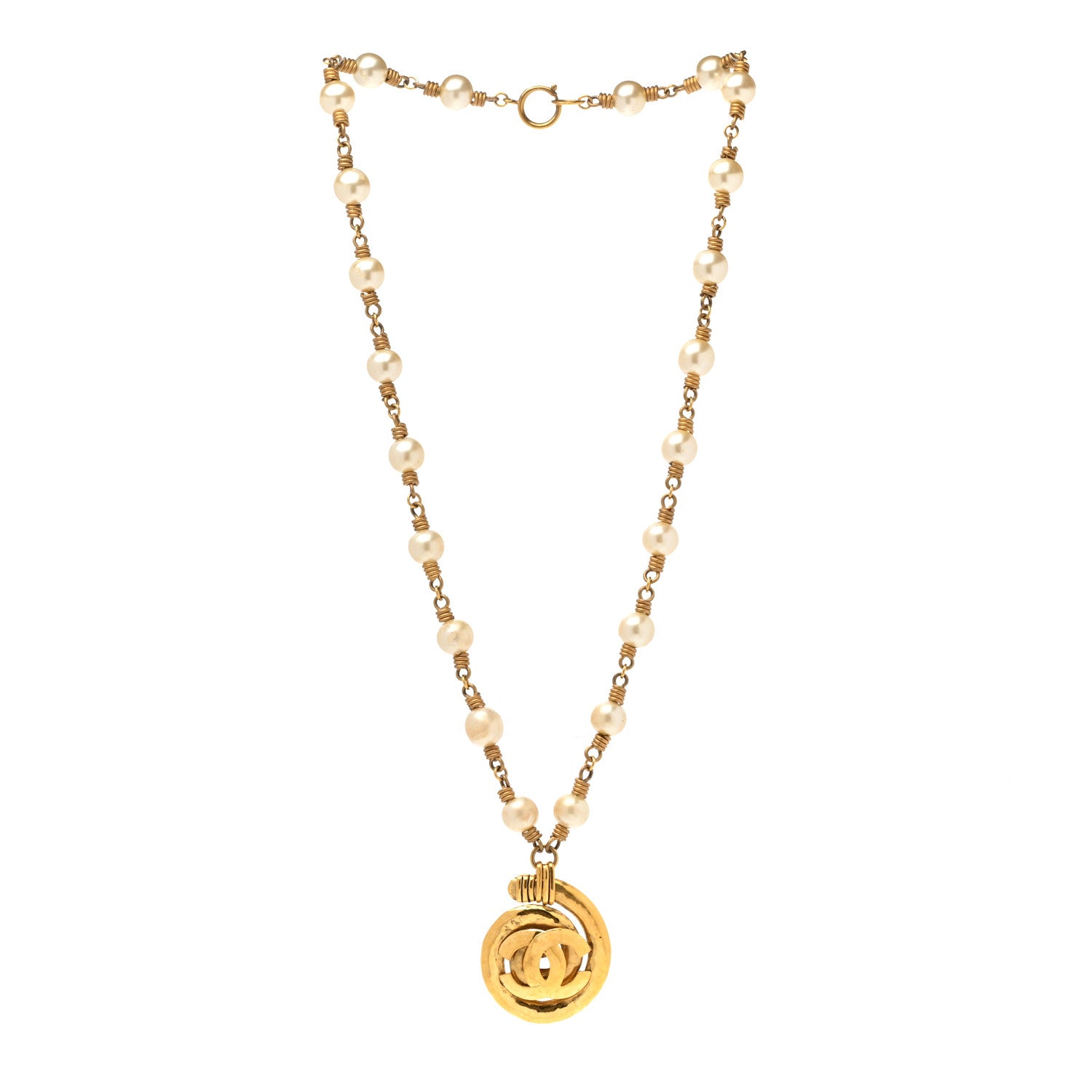 Chanel Pearl Chain CC Pendant Necklace Gold 3 of 11