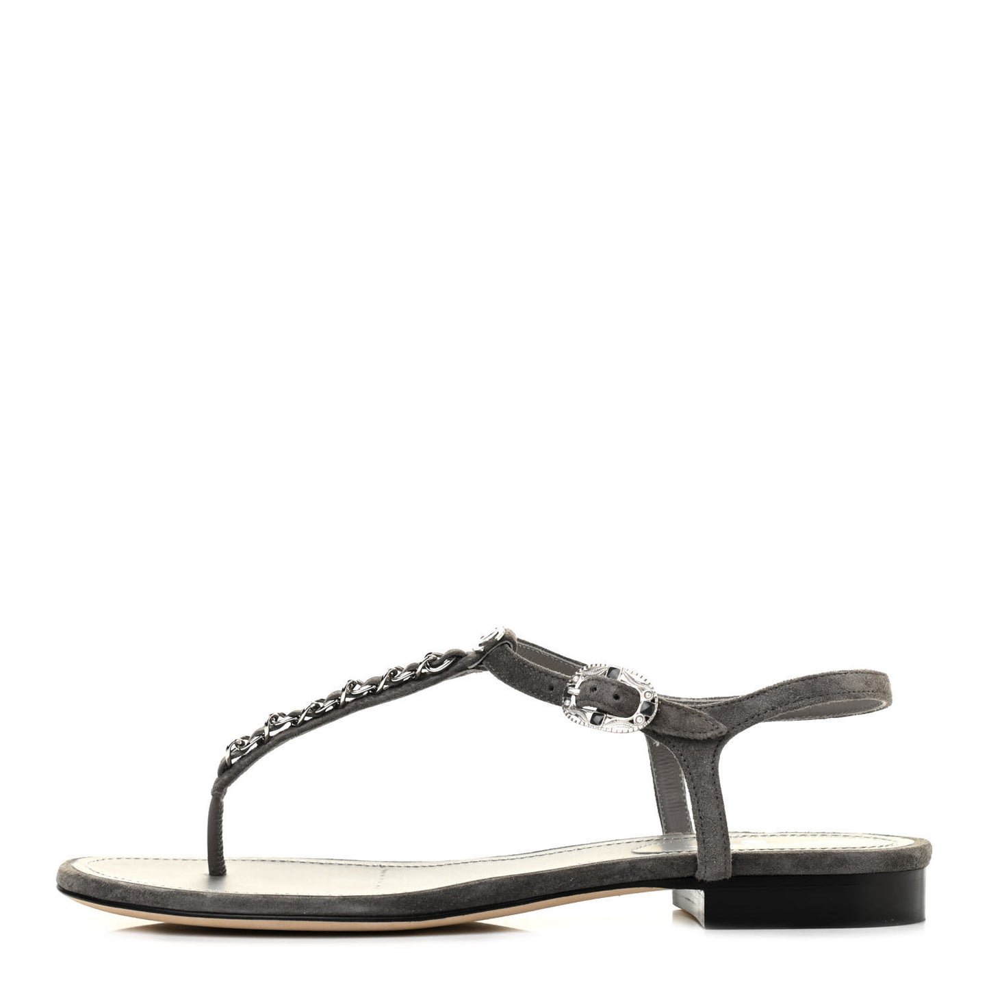 Suede Calfskin Chain Thong Sandals 38.5 Grey