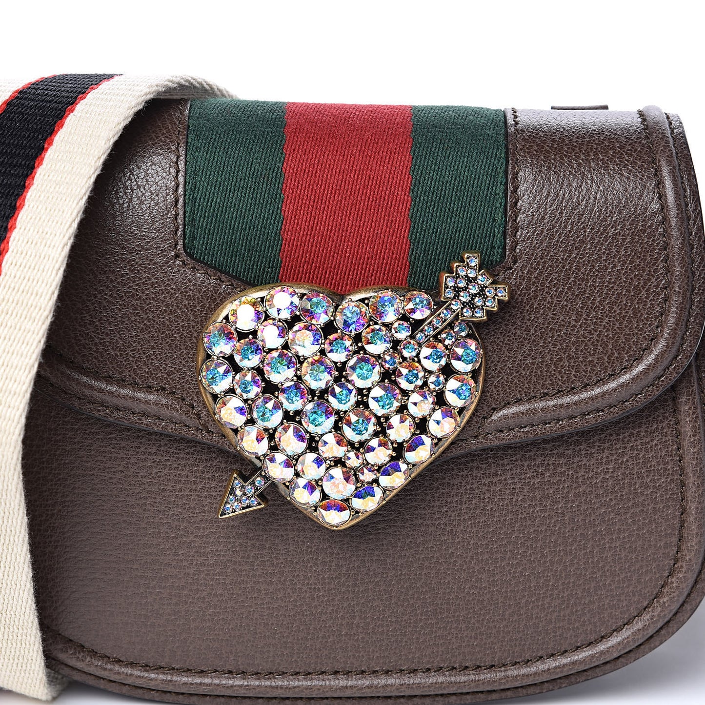 Textured Calfskin Web Crystal Heart Stripe Small Totem Shoulder Bag New Acero
