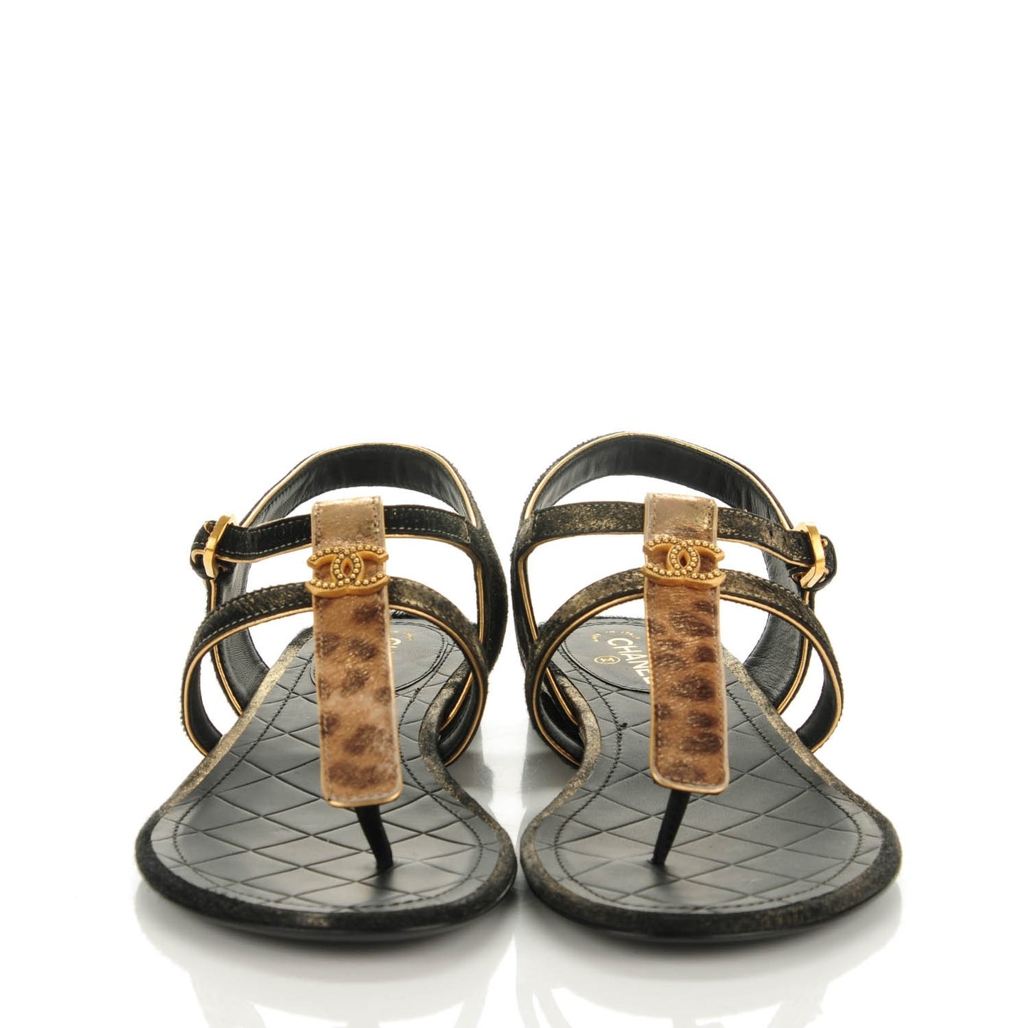 Metallic Calfskin Leopard Print Pony Hair CC Sandals 36 Gold Brown Black