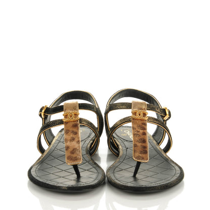 Chanel Metallic Calfskin Leopard Print Pony Hair CC Sandals 36 Gold Brown Black 2 of 7
