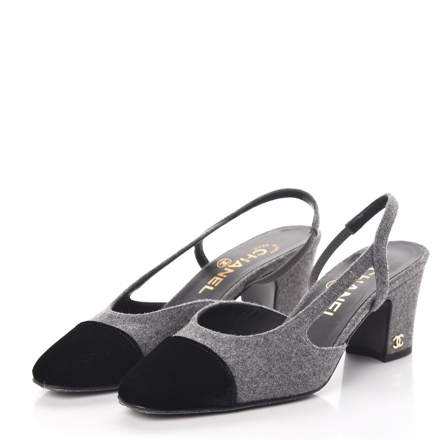 Wool Velvet Cap Toe CC Slingback Pumps 35.5 Black Grey