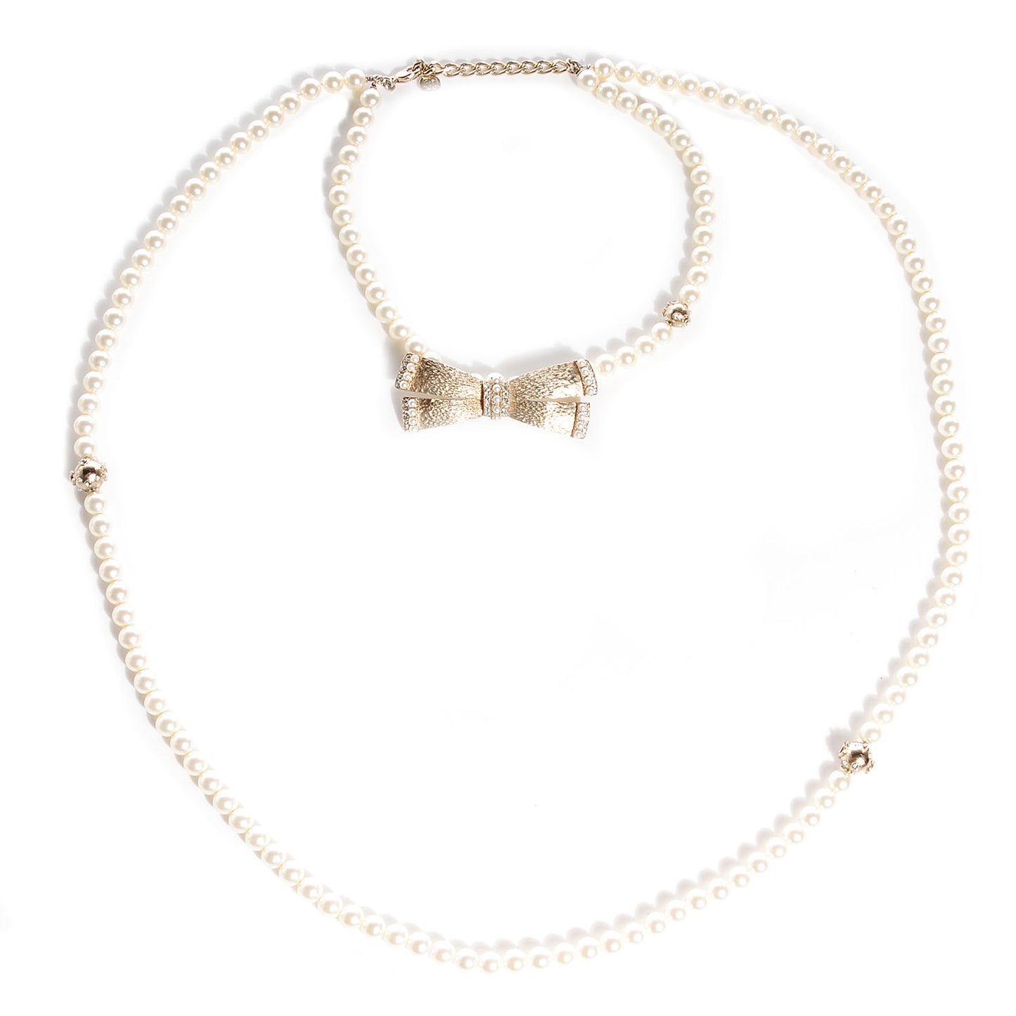 Pearl Crystal Bow Long Necklace Gold